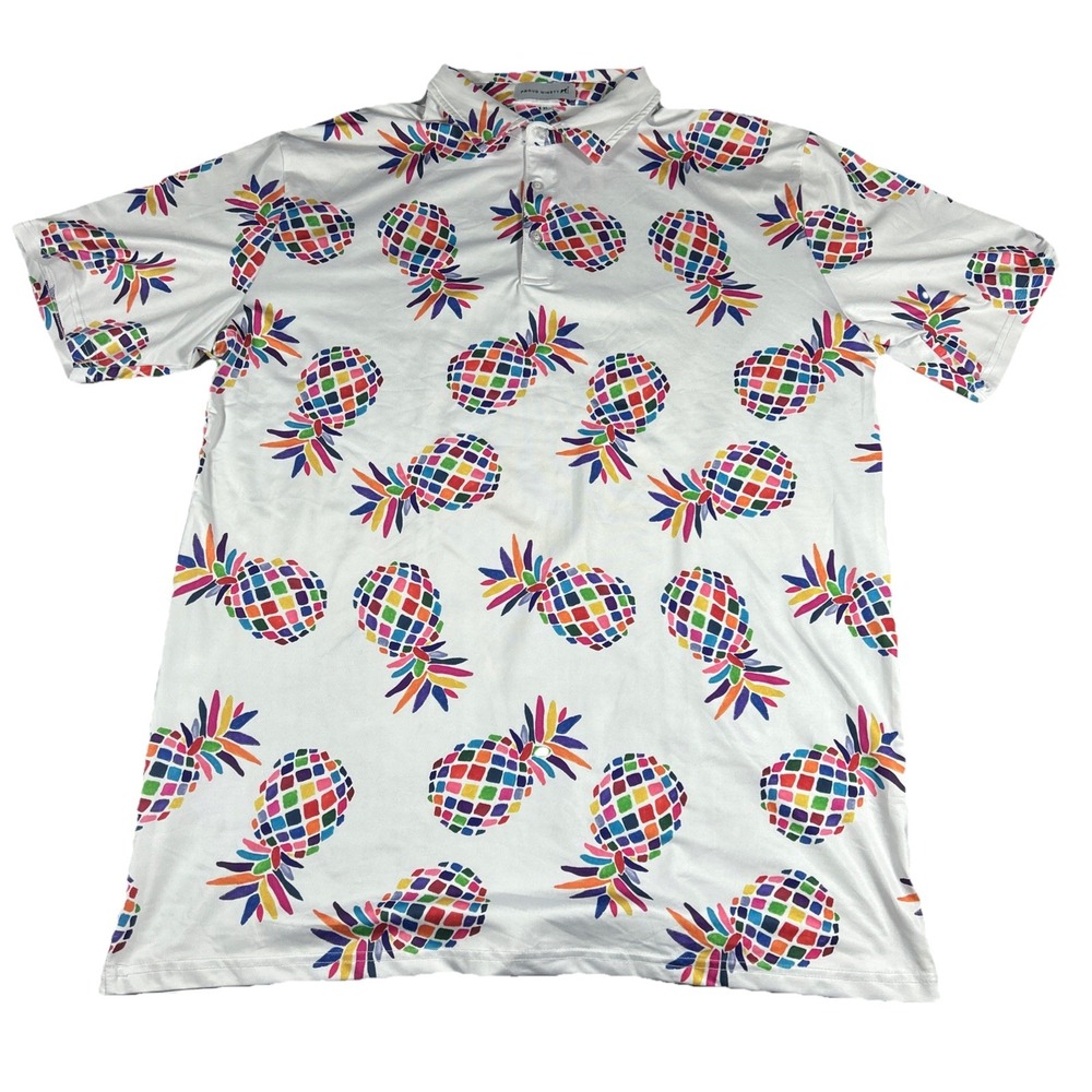 Proud 90 Mens XL White Pineapple Performance Golf Polo Short Sleeve Shirt